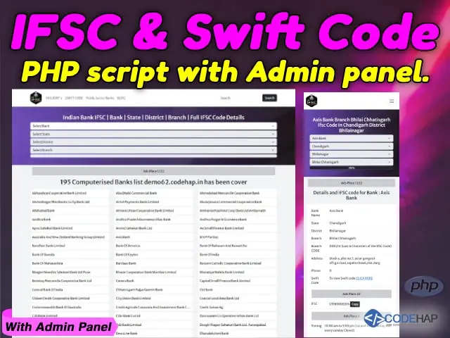 Indian Bank IFSC and Swift Code Search PHP script with Admin panel