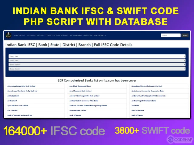 Indian Bank Ifsc And Swift Code Php Script With Database
